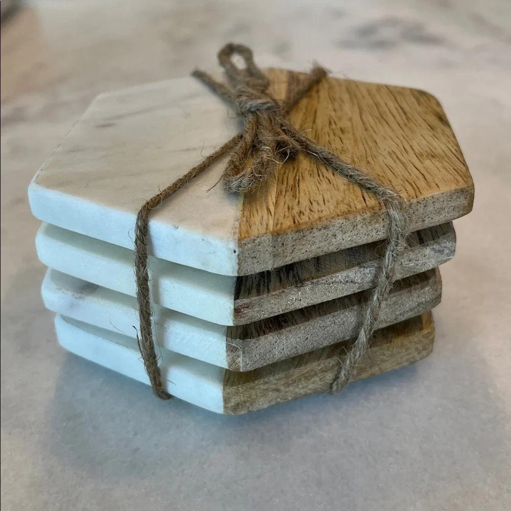 Marble and Wood Coasters Hexagon Set of 4 NWT